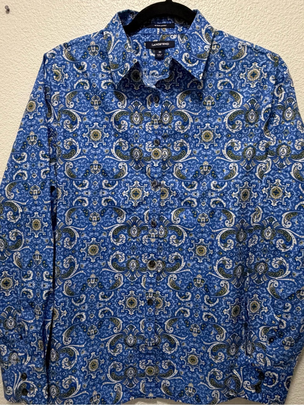 Lands' End Blue Yellow Paisley Button-Up Shirt, woman’s size 10